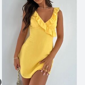 White fox Yellow ruffle mini dress